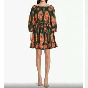 A Loves A Hunter Green Orange Floral All Cotton Dress 3/4 Sleeve size Large